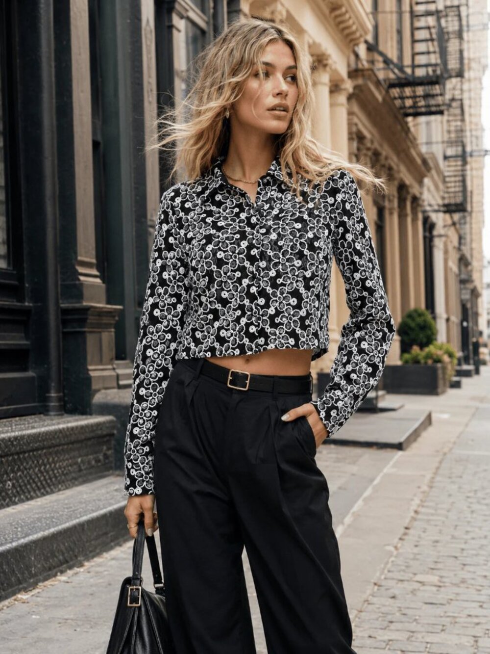 Women's Long Sleeve Button Up Flower Sequins Crop Top Black‎ and White